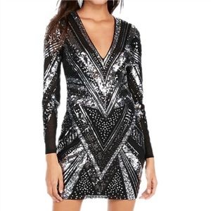 Express Sequin Long Sleeve Mesh Dress - NWT; Color: Silver/Black; Size: XS